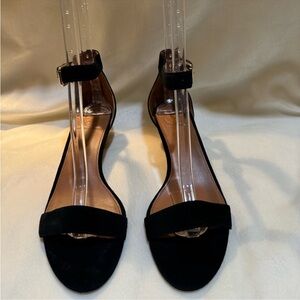 Tory Burch black suede sandals Sz 9, ankle strap, 2” cork wedge